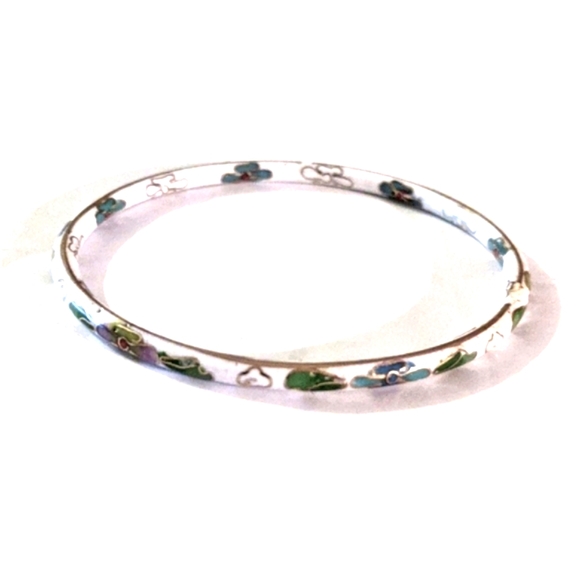Vintage Chinese Cloisonne White Floral Bangle Bracelet 4mm 2.6 inches - Picture 1 of 6